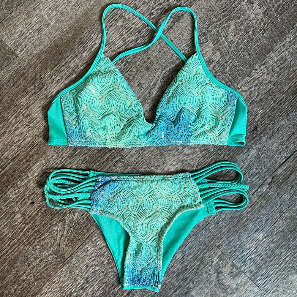 Luli Fama Siete Mares strappy shimmer gold crochet bikini set